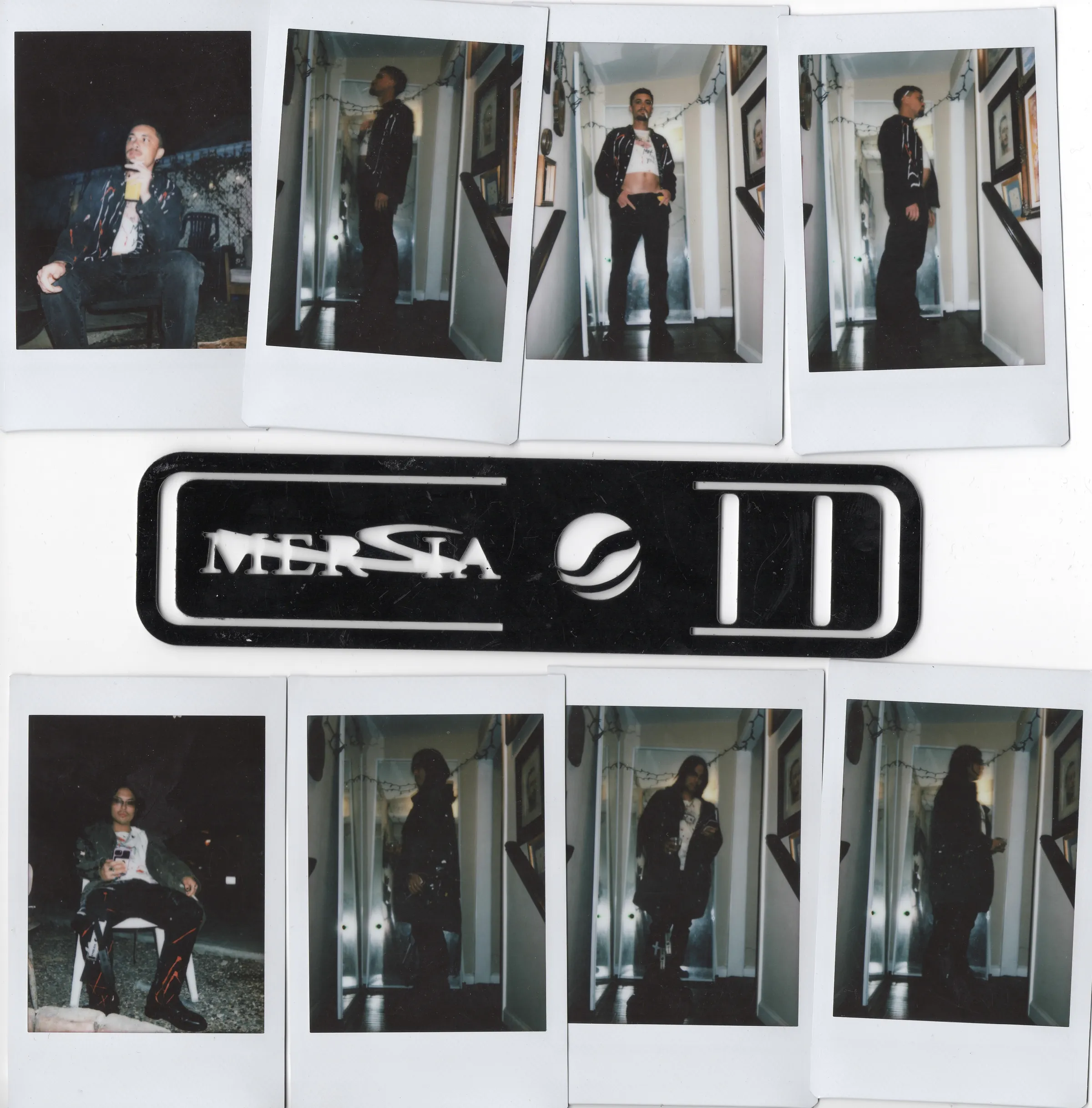 Eight Polaroids surrounding a wide black Mersia belt plate.